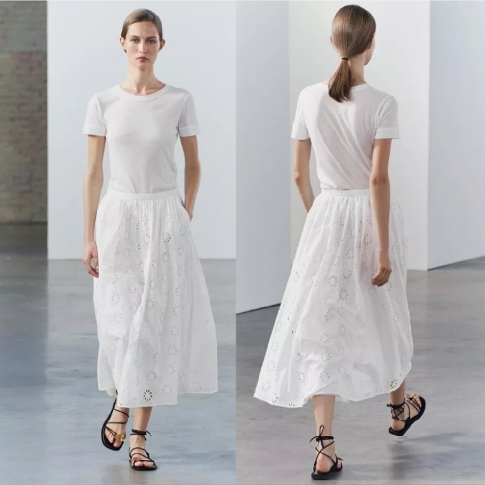 Zara Embroidered 100% Cotton Midi Skirt - Picture 3 of 6